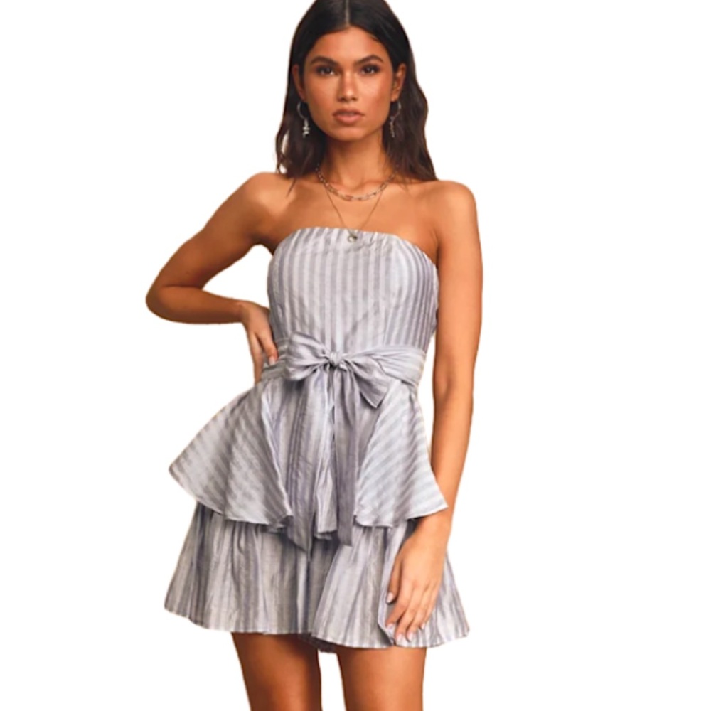 Lulus Grey Blue Strapless Ruffle Romper